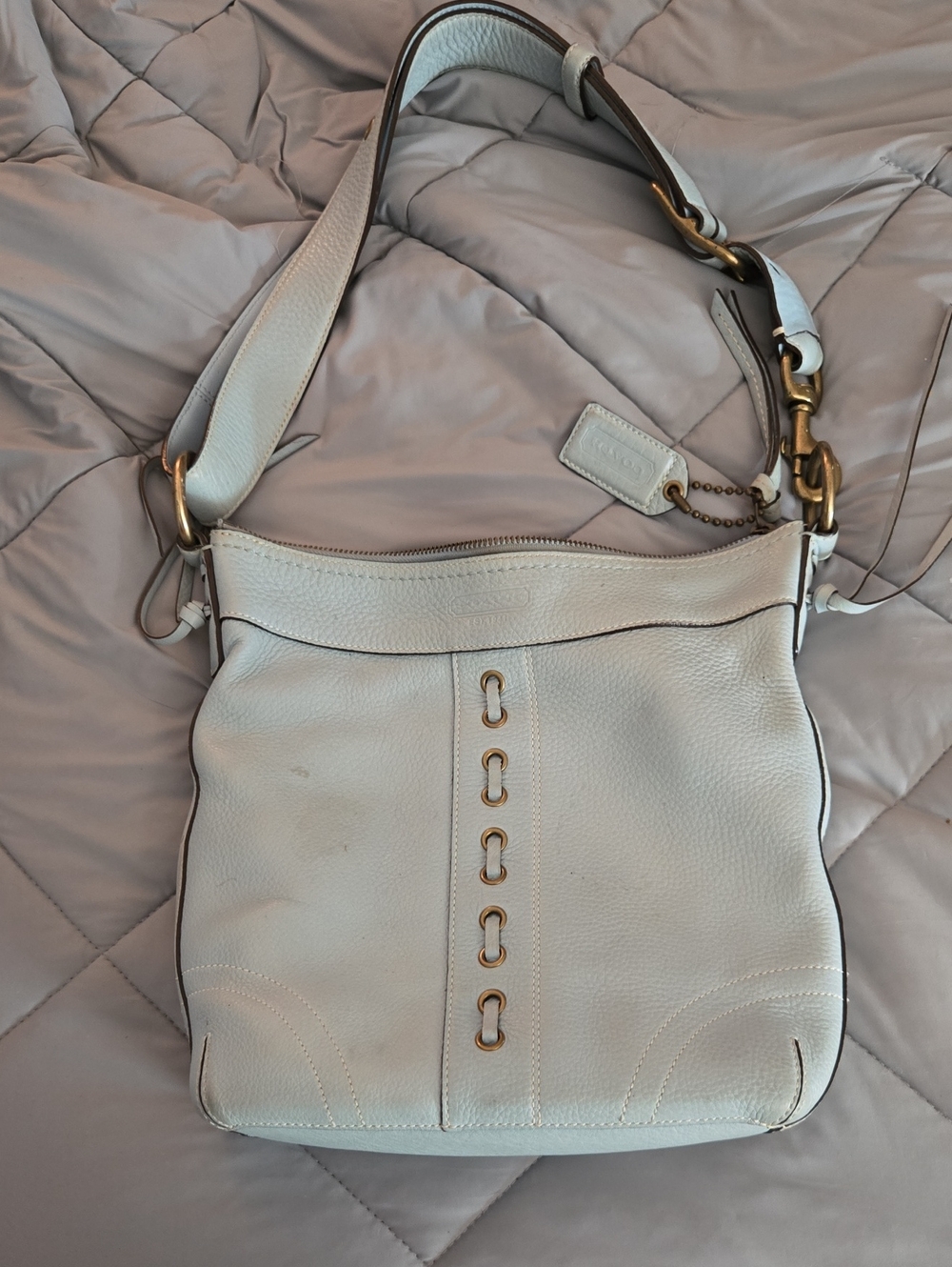 Coach Lite Blue Vintage Pebbled Leather Shoulder Bag with Brass Hardware